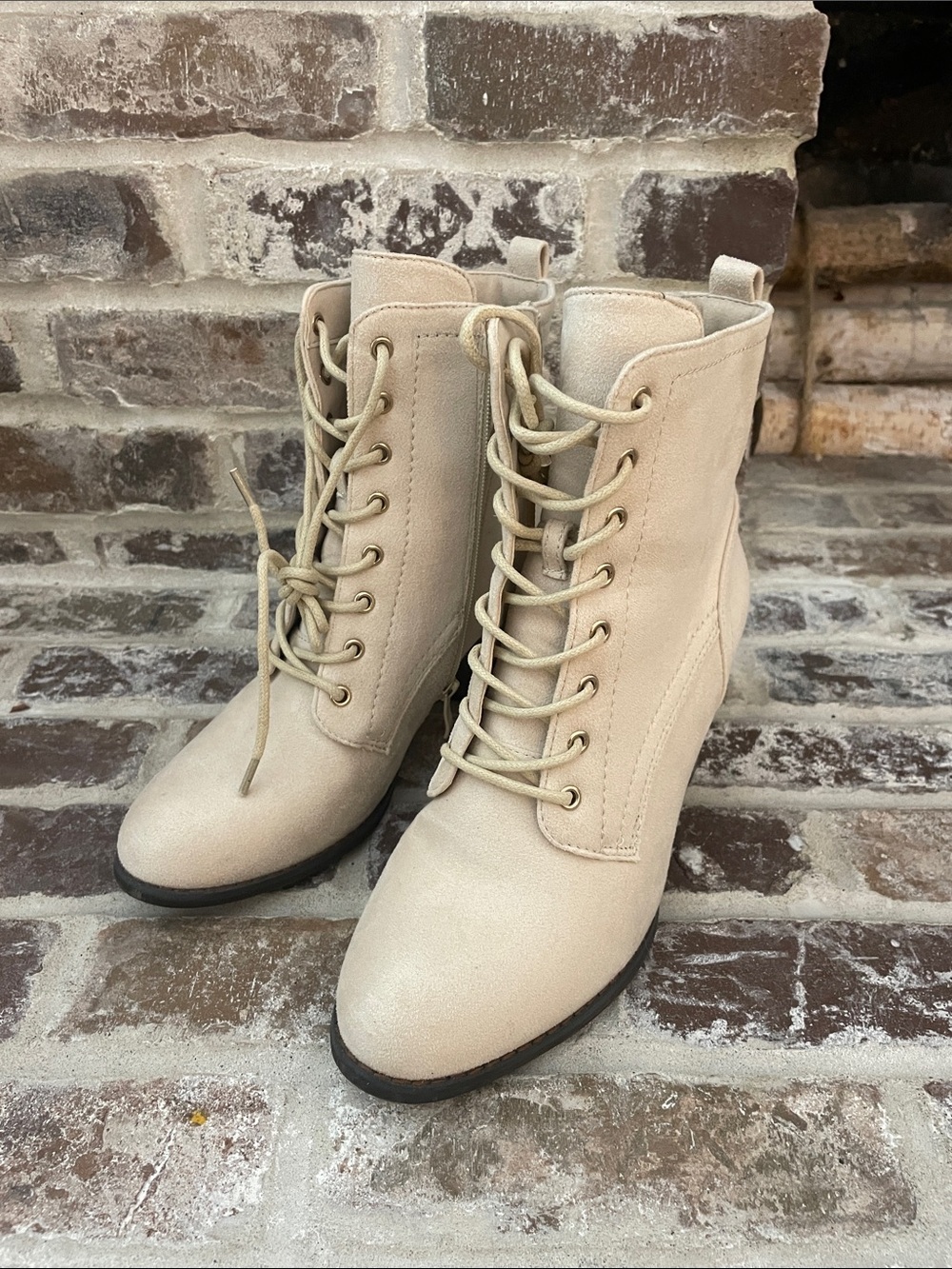 Journee Collection Beige Lace-Up Ankle Boots